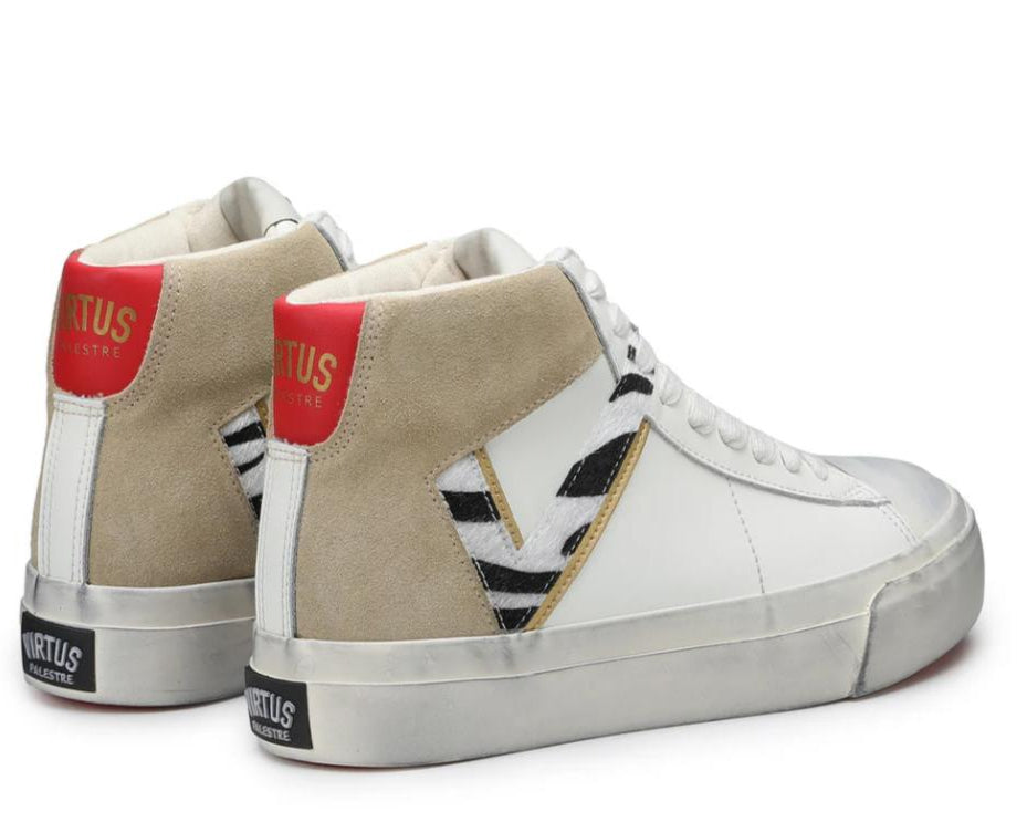 Sneakers Donna “VIRTUS PALESTRE” Rubby Mid Leather/Suede Bianco/Beige-zebra