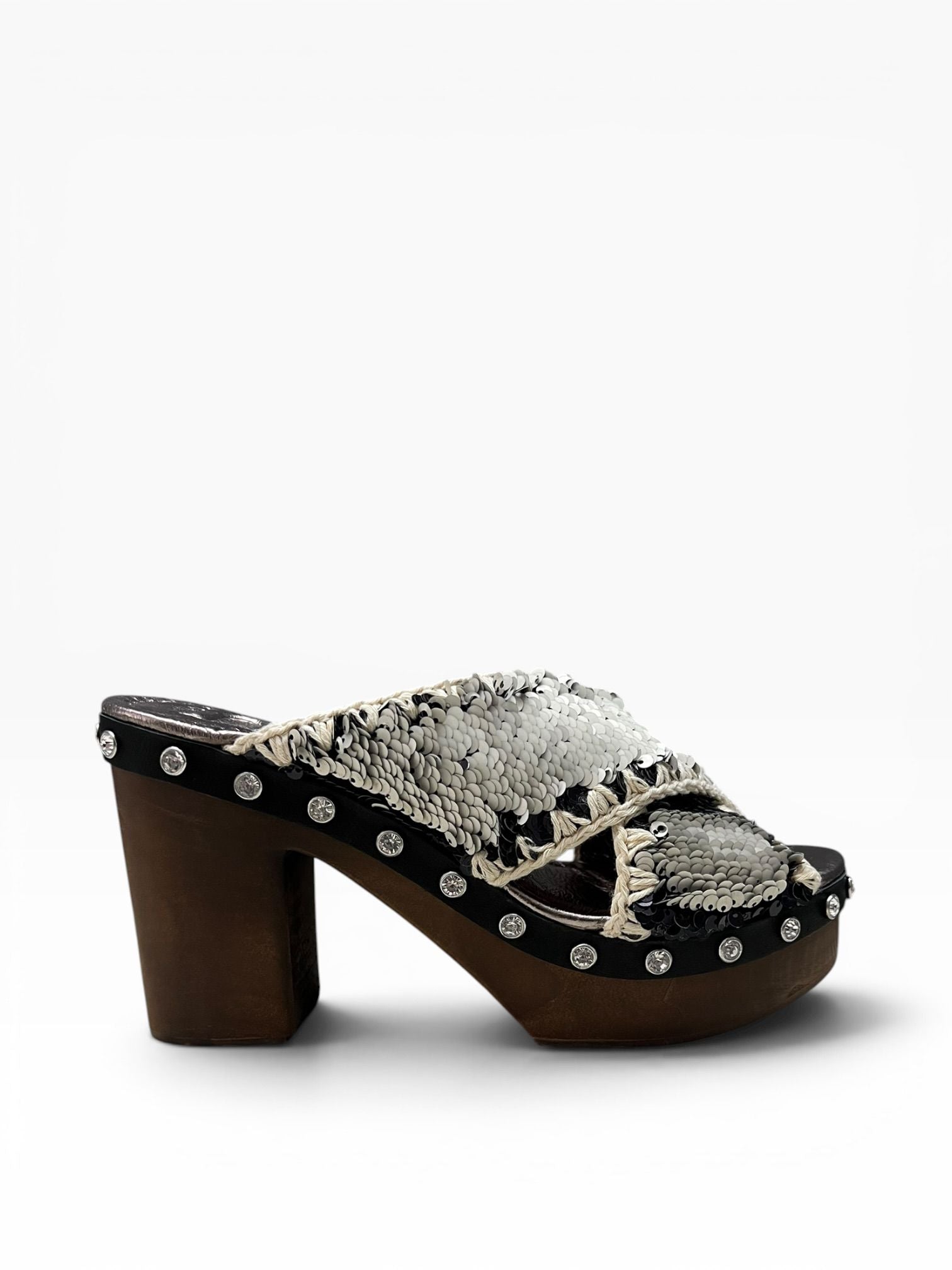 Sandali Tacco Plateau   Donna "MOU" MU.SW181000G Wood Criss Pailettes Nero/Bianco