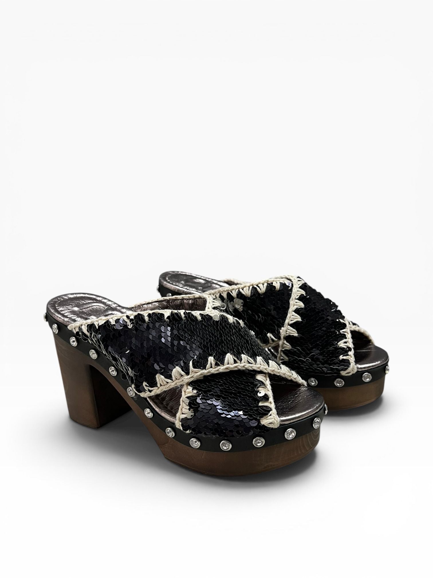 Sandali Tacco Plateau   Donna "MOU" MU.SW181000G Wood Criss Pailettes Nero/Bianco