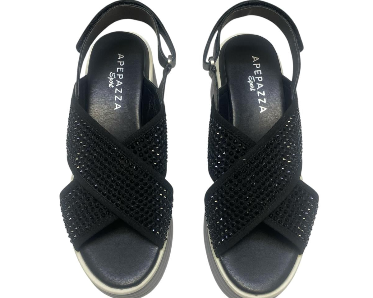 SANDALI ZEPPA DONNA “APEPAZZA ” BELLE 02 PRIMAVERA ESTATE 2025 NERO STRASS