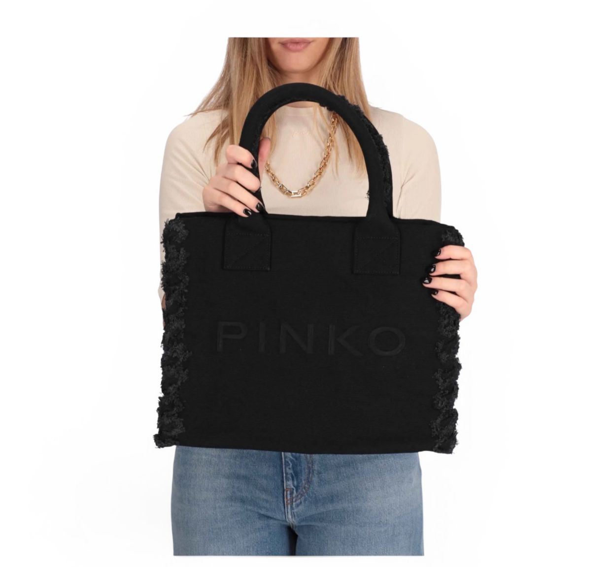 BORSA DONNA “PINKO ” BEACH SHOPPER CANVAS NERO