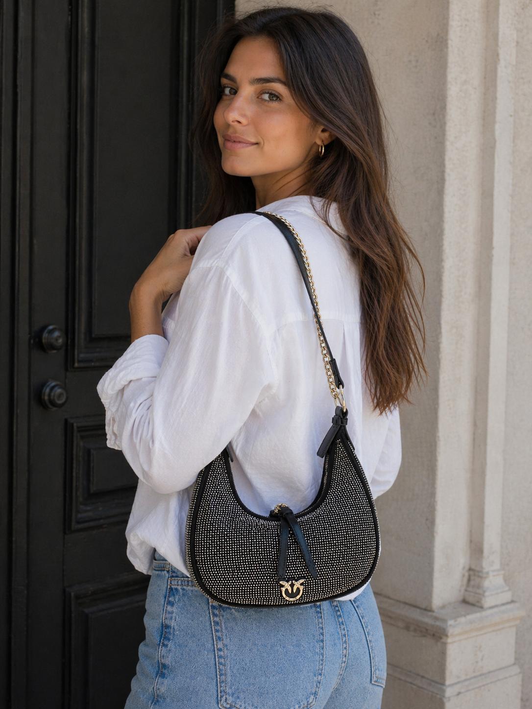 BORSA DONNA “PINKO ” BRIOCHE HOBO MINI Z99U NERO SATIN+STRASS