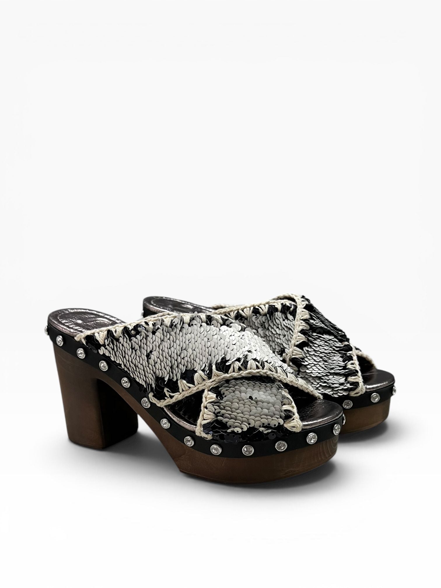 Sandali Tacco Plateau   Donna "MOU" MU.SW181000G Wood Criss Pailettes Nero/Bianco