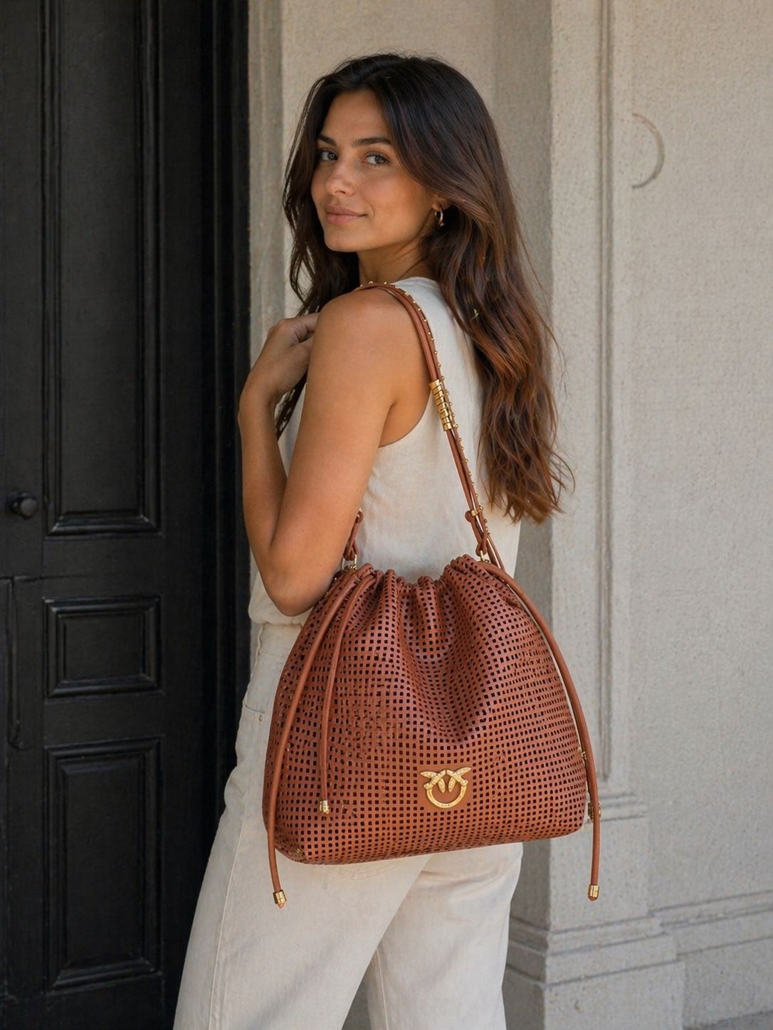 BORSA DONNA “PINKO ” SLOUCHY CLASSIC BAG PELLE TRAFORATA A57A ORANGE