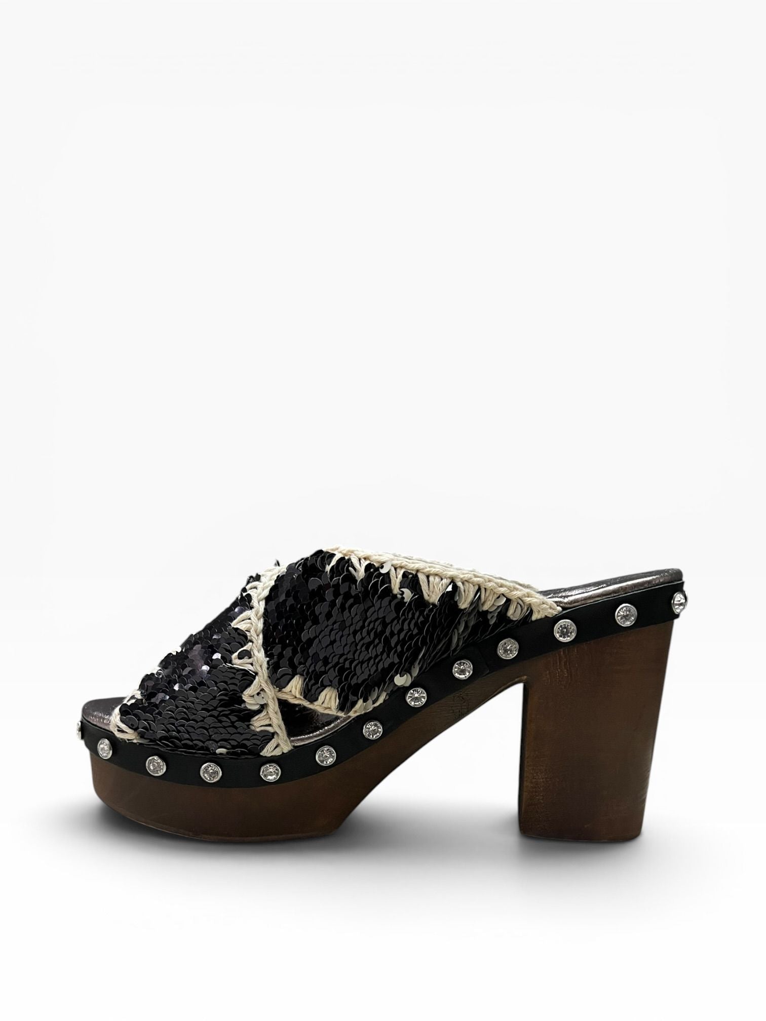 Sandali Tacco Plateau   Donna "MOU" MU.SW181000G Wood Criss Pailettes Nero/Bianco